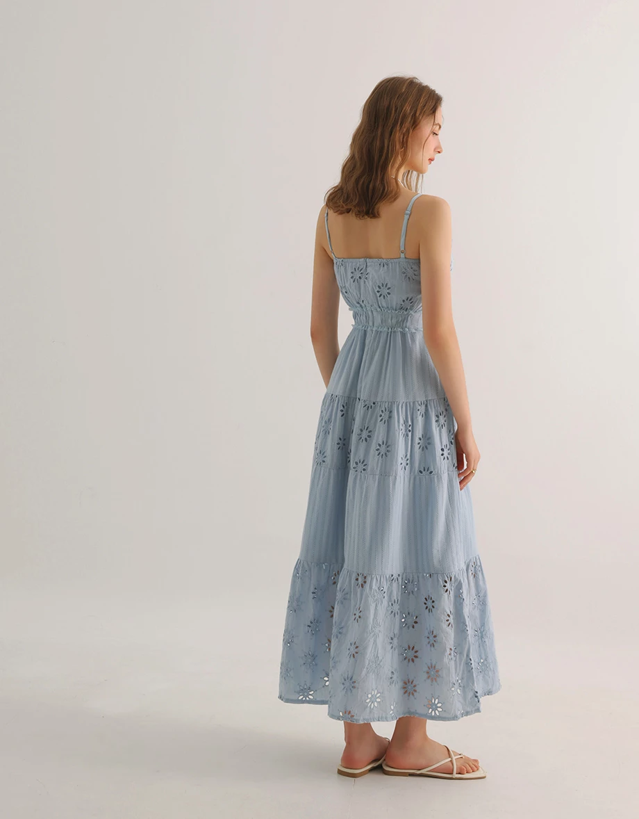 Floral Eyelet Lace Button Front Tiered Cami Padded Maxi Dress Floral Eyelet Lace Button Front Tiered Cami Padded Maxi Dress