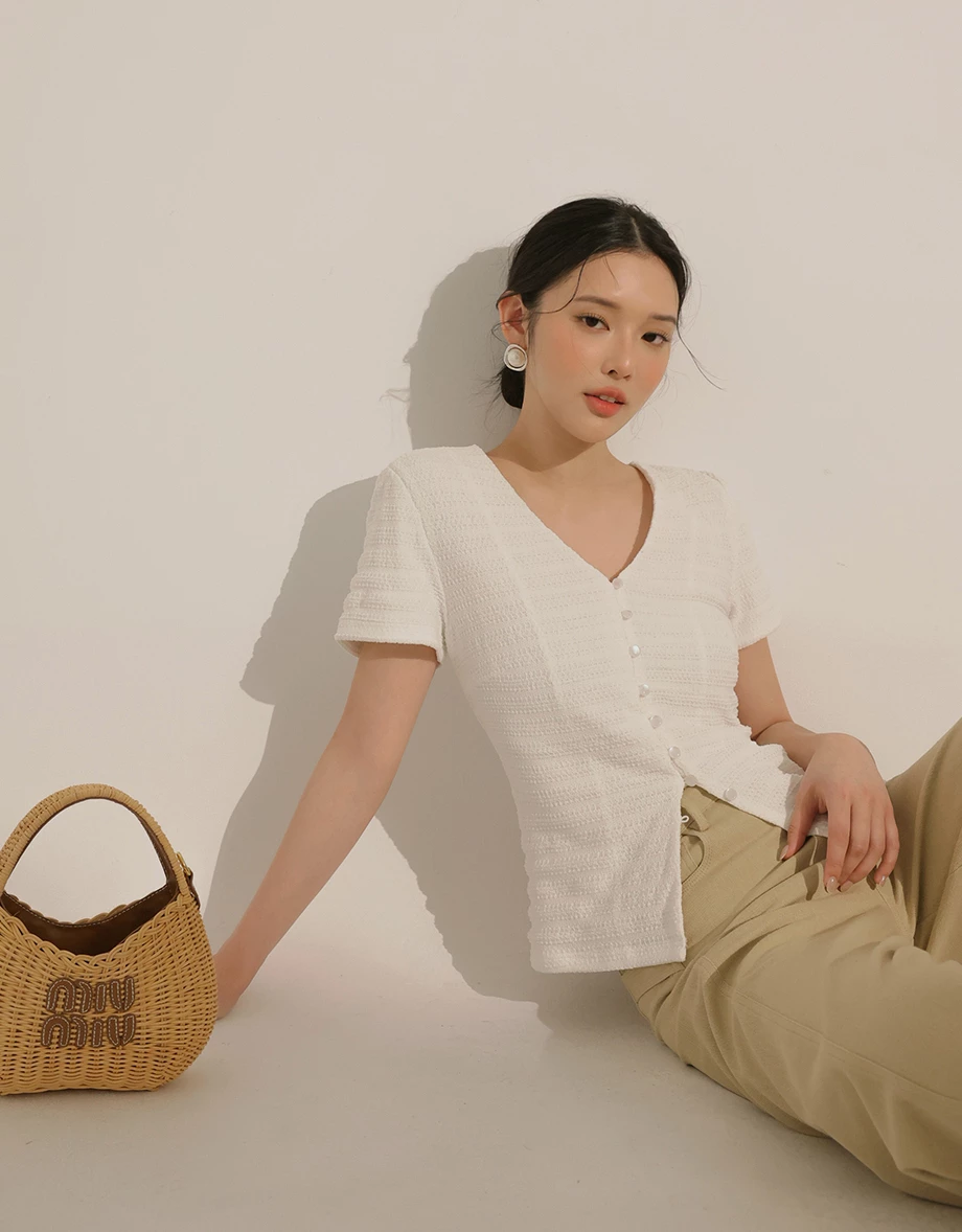 橫織紋 V領開襟上衣