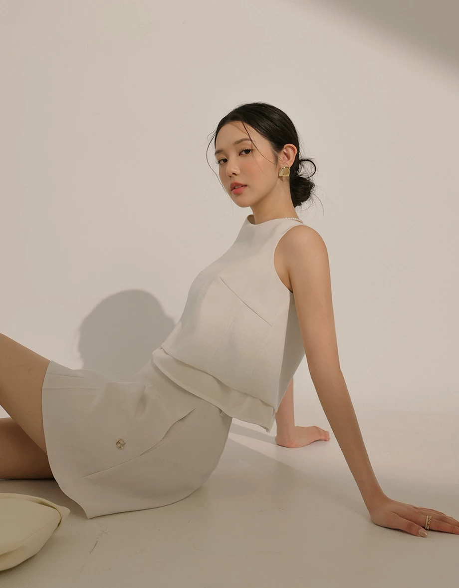 亞麻感雙層次無袖上衣