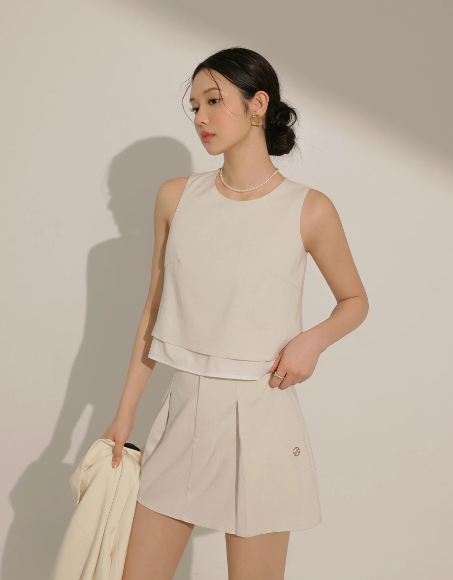 亞麻感雙層次無袖上衣