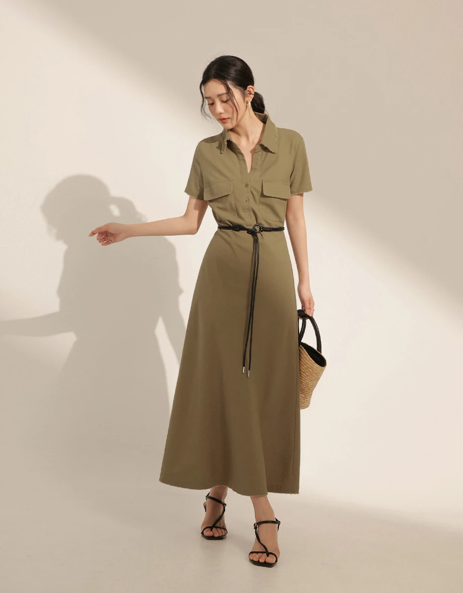 Frayed Collar Double-Pocket Long Dress (with Belt)