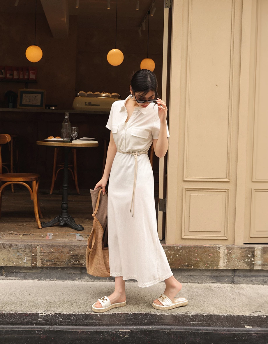 Frayed Collar Double-Pocket Long Dress (with Belt)