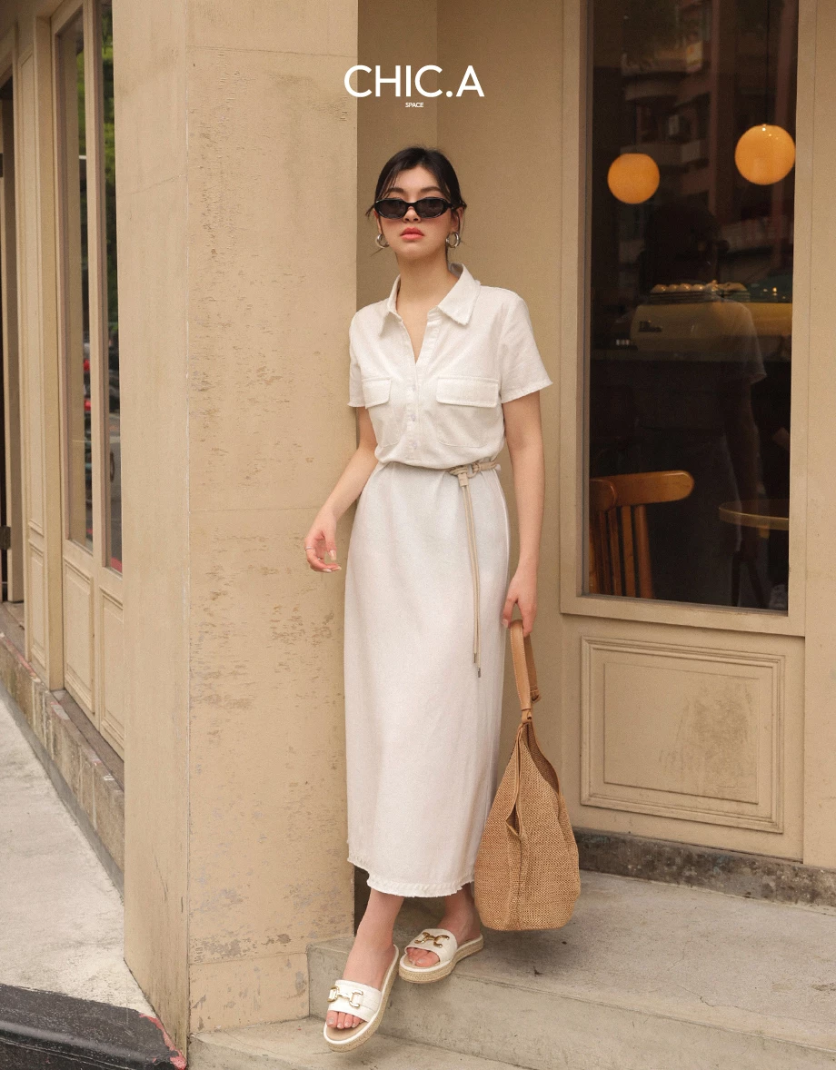Frayed Collar Double-Pocket Long Dress (with Belt)