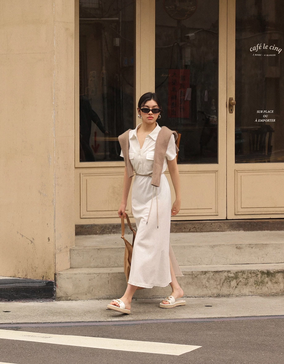 Frayed Collar Double-Pocket Long Dress (with Belt)