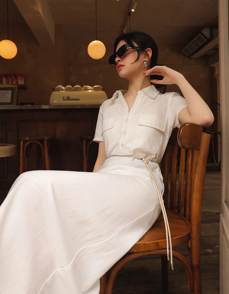 Frayed Collar Double-Pocket Long Dress (with Belt)