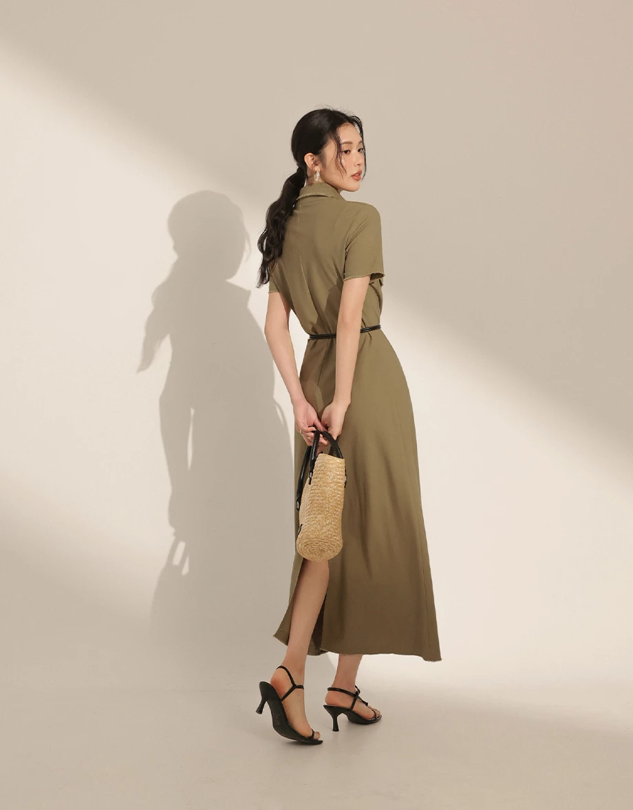 Frayed Collar Double-Pocket Long Dress (with Belt)