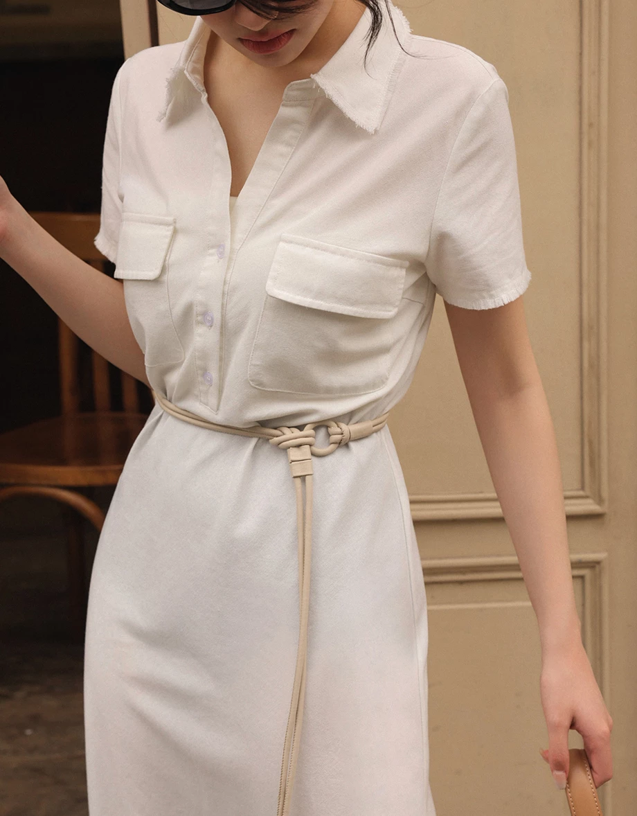 Frayed Collar Double-Pocket Long Dress (with Belt)