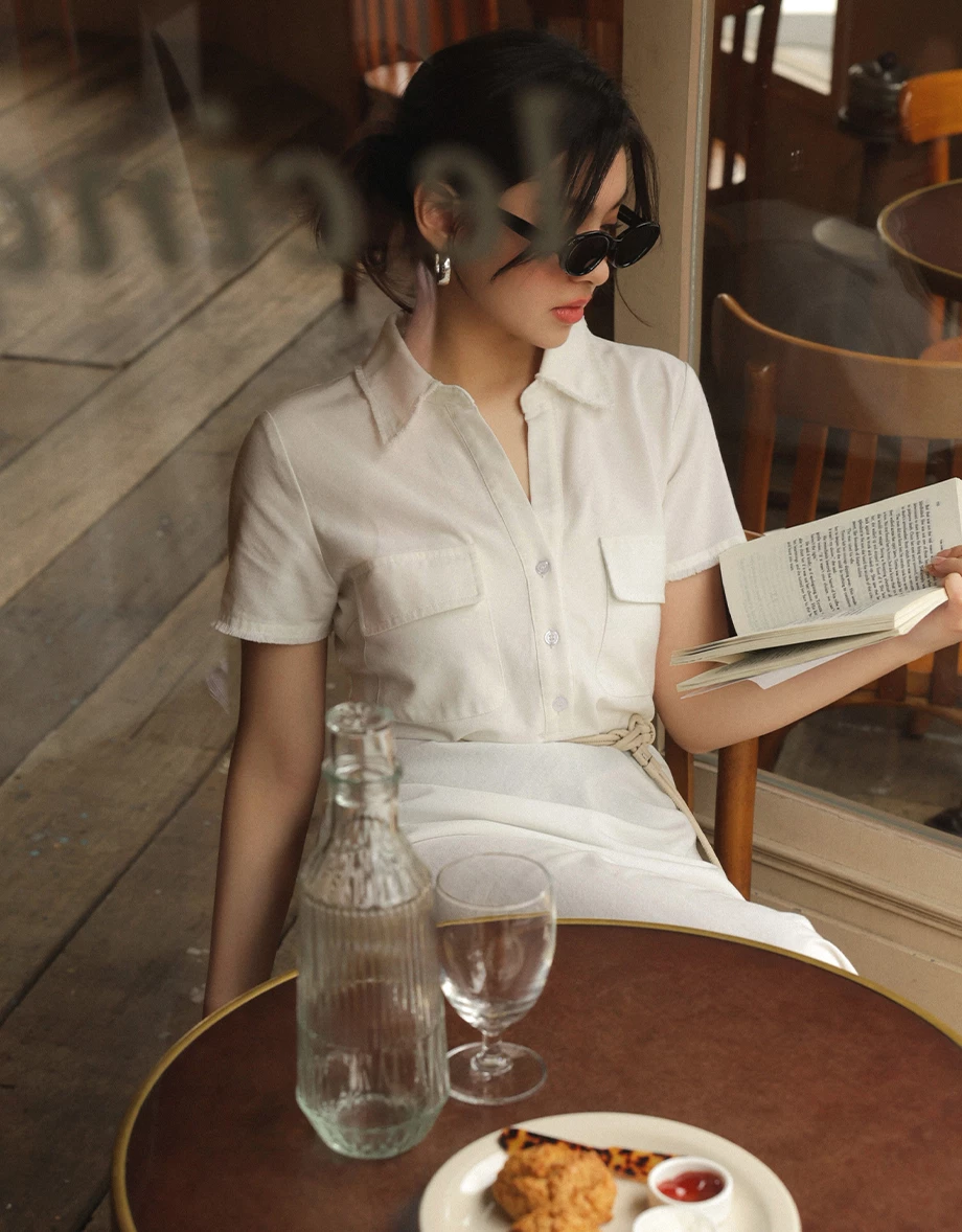 Frayed Collar Double-Pocket Long Dress (with Belt)