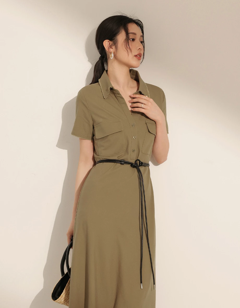 Frayed Collar Double-Pocket Long Dress (with Belt)