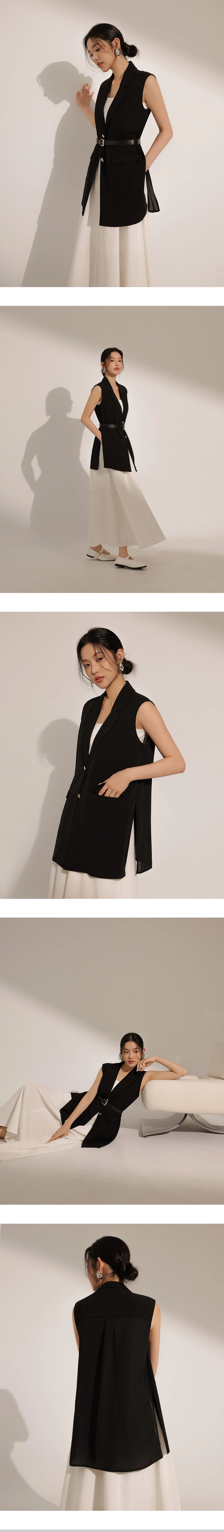 Chiffon-Panel Long Tailored Vest