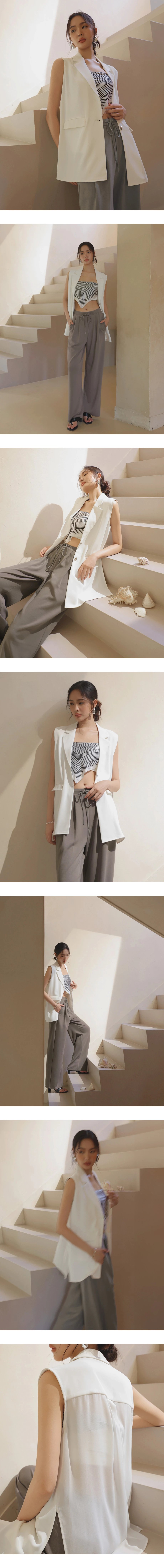 Chiffon-Panel Long Tailored Vest