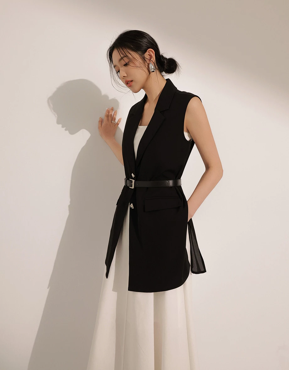 Chiffon-Panel Long Tailored Vest