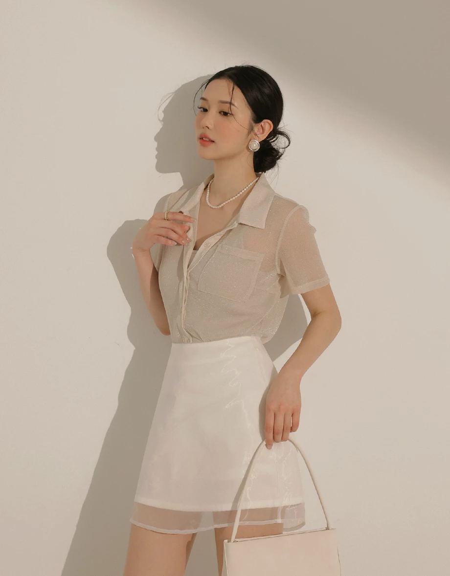 細閃透肌短袖襯衫背心套裝(附胸墊)