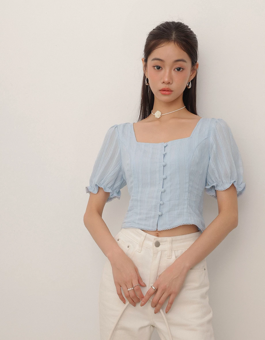 方領直條紋排扣澎袖上衣