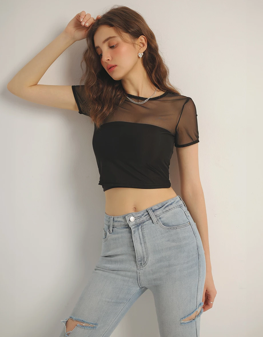 透肌網紗短版TEE