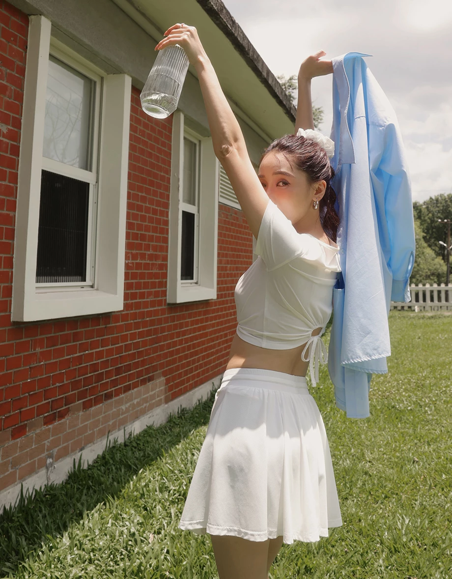 Cooling Fabric Open Back Ribbon Tie Crop Top