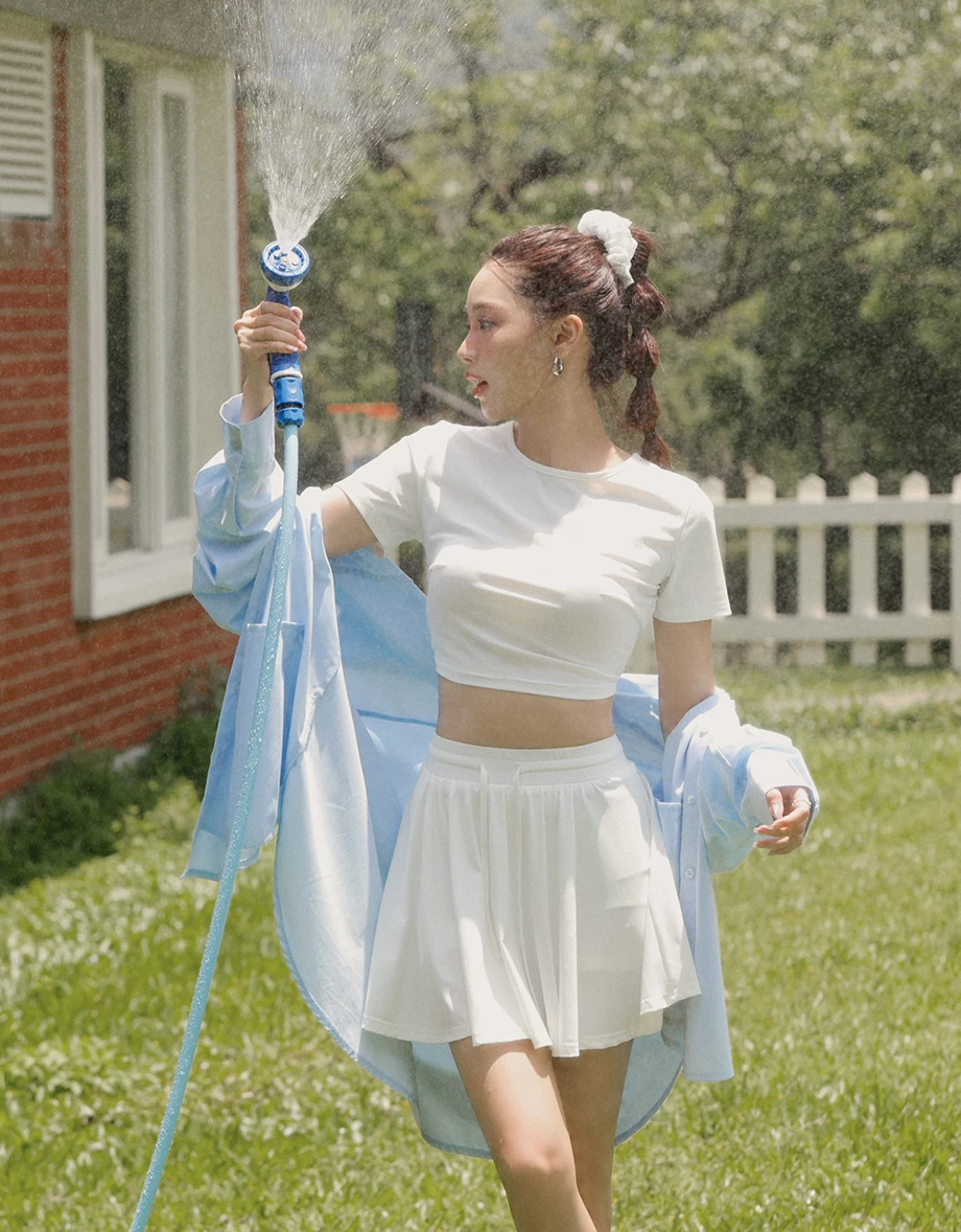 Cooling Fabric Open Back Ribbon Tie Crop Top