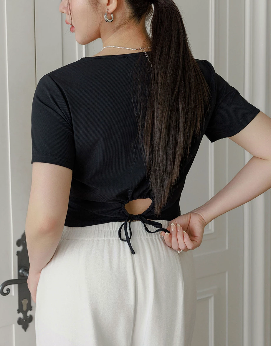 Cooling Fabric Open Back Ribbon Tie Crop Top