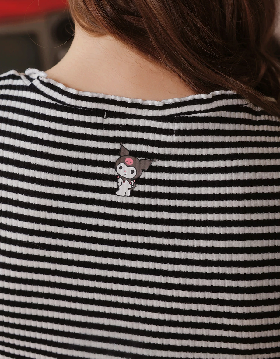 【三麗鷗聯名】Kuromi花邊條紋刺繡字母短TEE