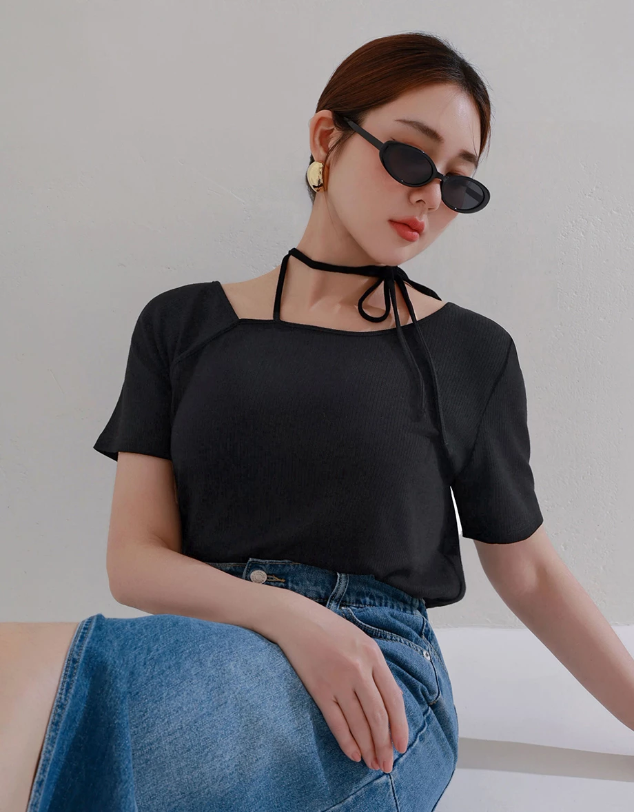 2WAY領口綁帶羅紋短TEE