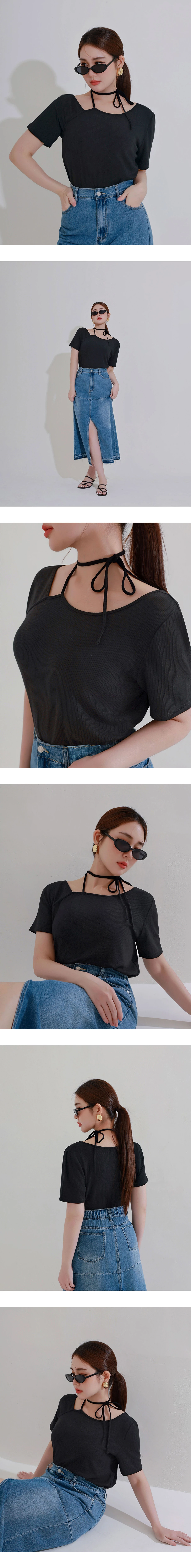 2WAY領口綁帶羅紋短TEE