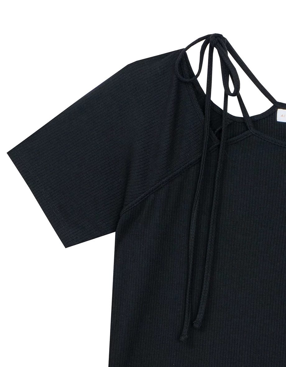 2WAY領口綁帶羅紋短TEE