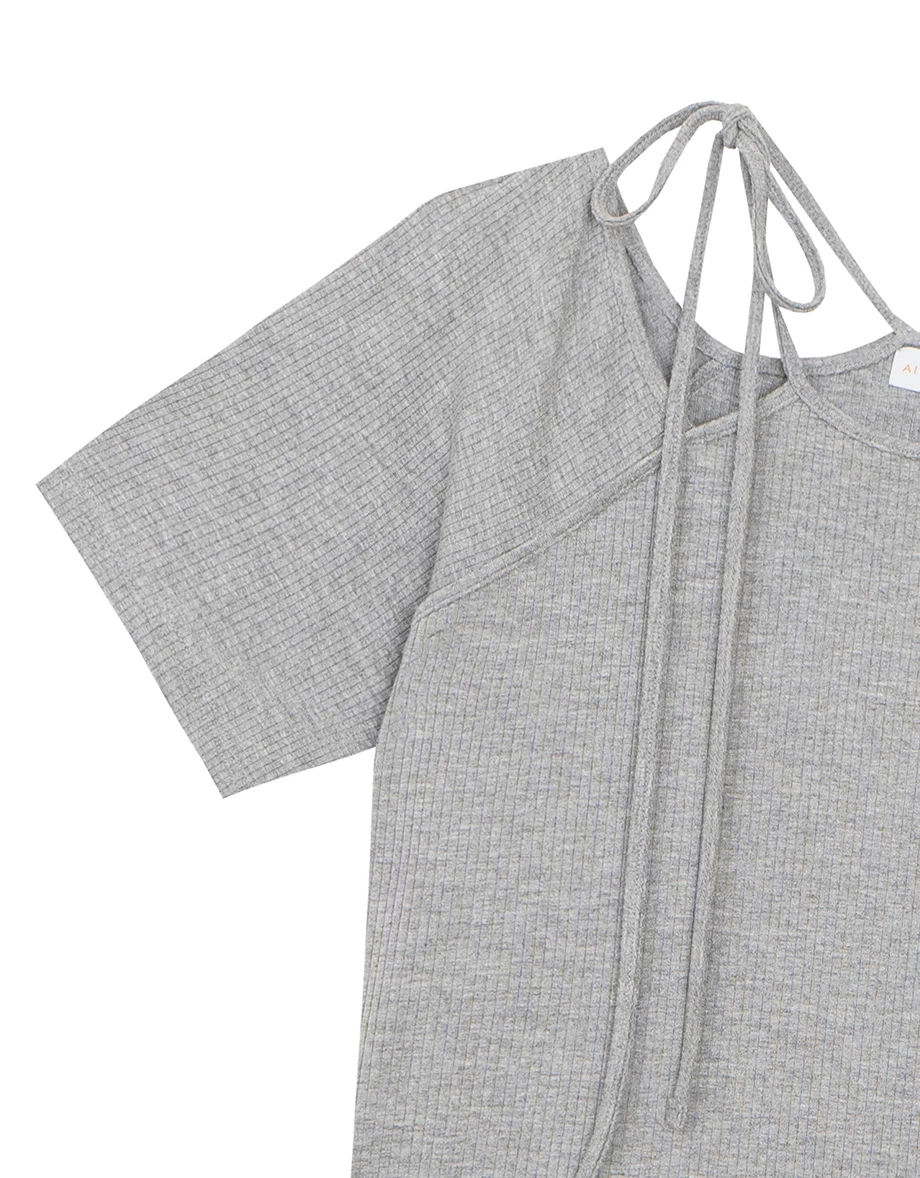 2WAY領口綁帶羅紋短TEE