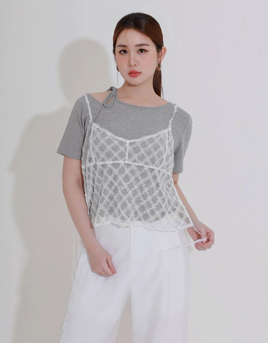 2WAY領口綁帶羅紋短TEE