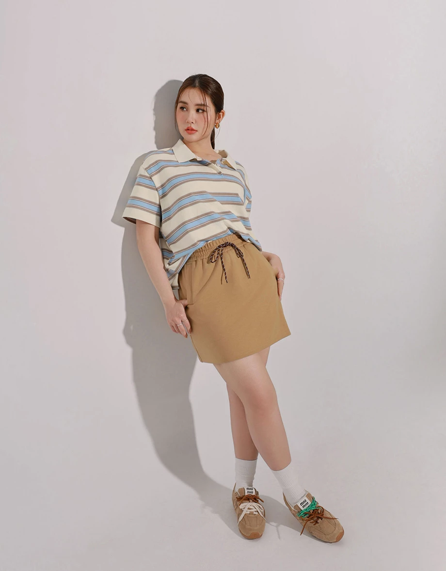杏色寬版條紋POLO衫