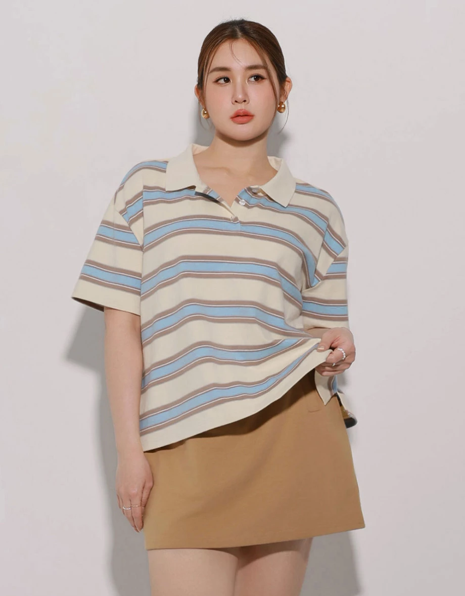 杏色寬版條紋POLO衫