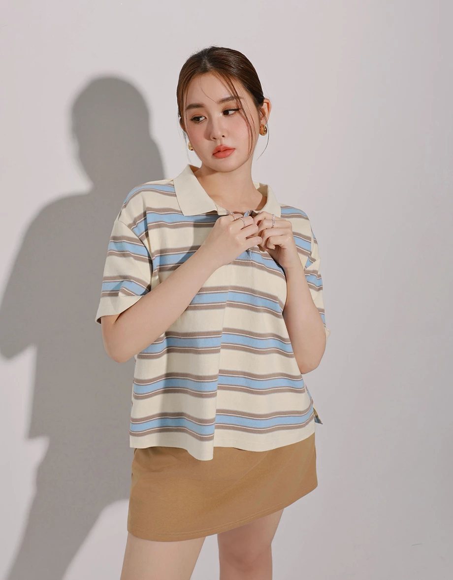 杏色寬版條紋POLO衫