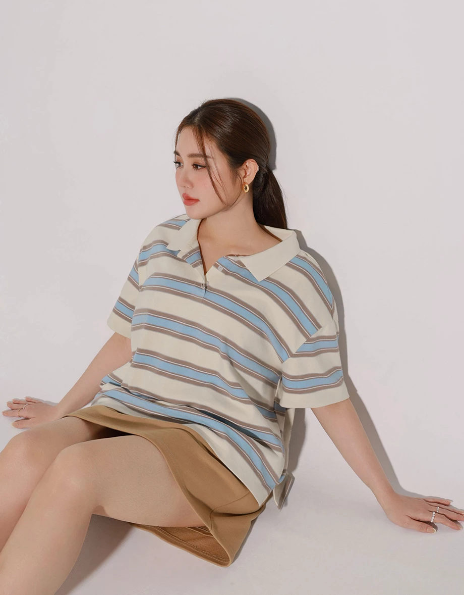 杏色寬版條紋POLO衫