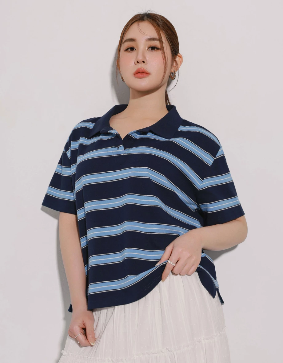 深藍寬版條紋POLO衫
