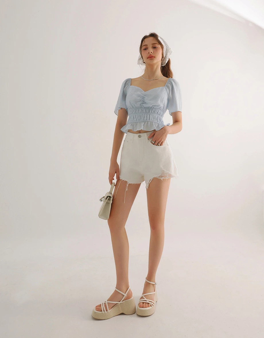 High Waisted Distressed Raw Hem Jeans Denim Shorts