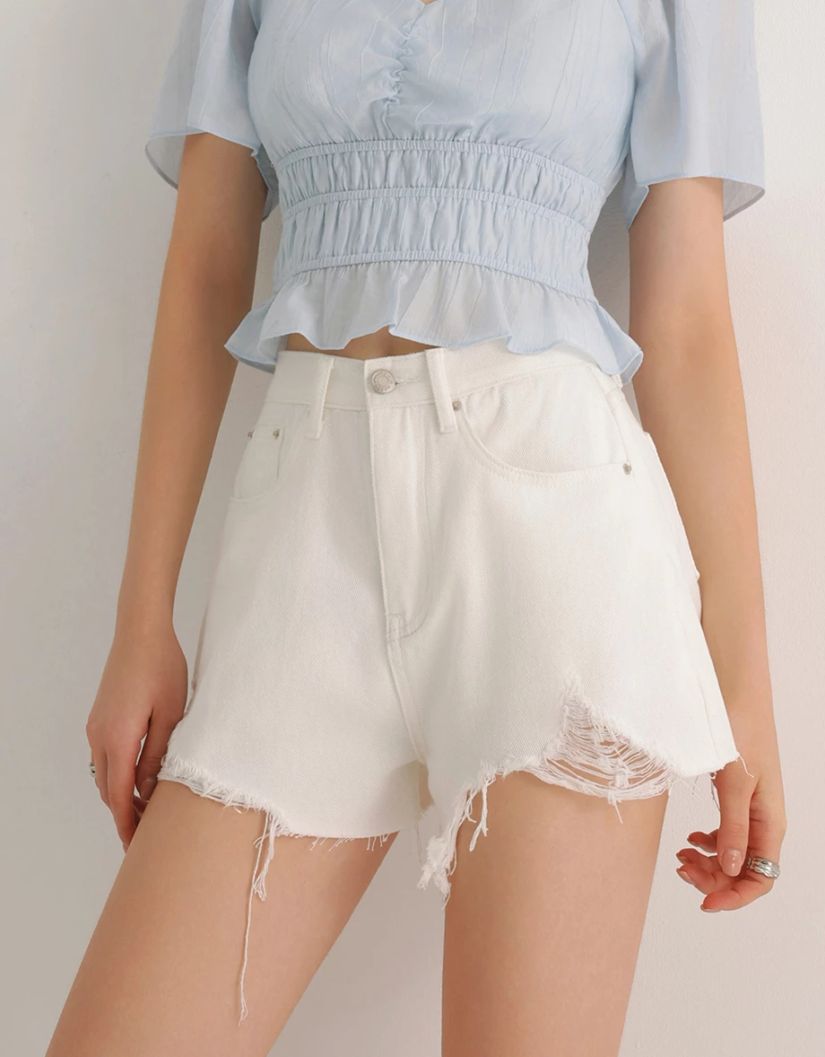 High Waisted Distressed Raw Hem Jeans Denim Shorts