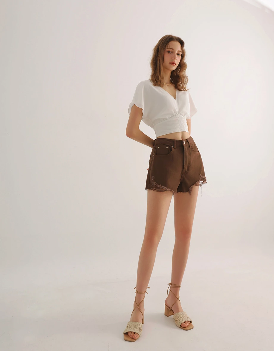 High Waisted Distressed Raw Hem Jeans Denim Shorts
