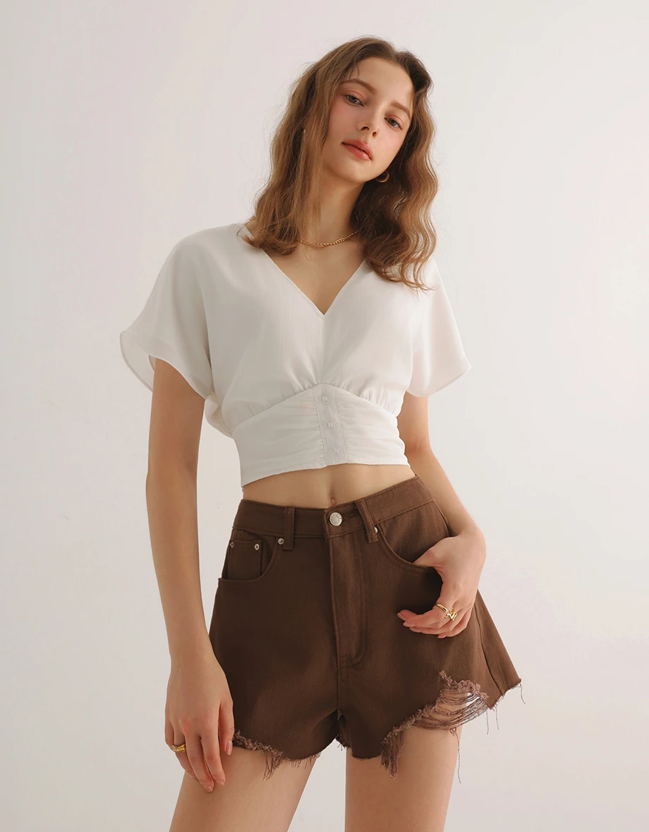 High Waisted Distressed Raw Hem Jeans Denim Shorts