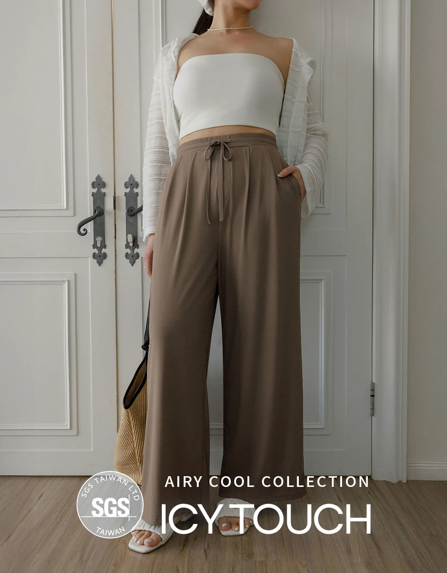 Cooling Fabric Front Pleated Wide Leg Pants with Drawstring Detail