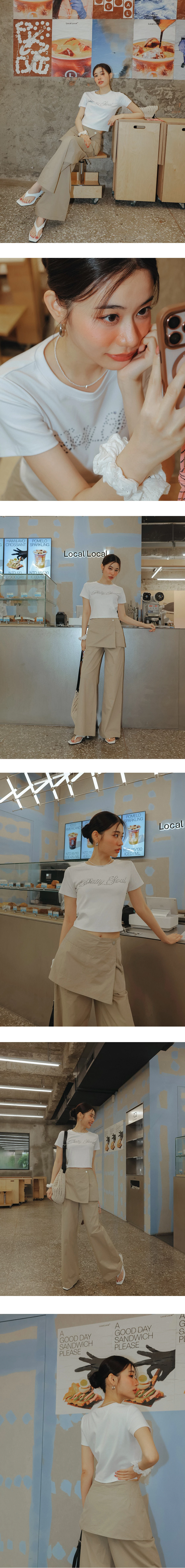層次拼接側扣寬褲