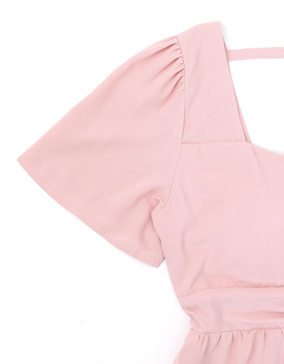 Ruched Front Puff Sleeve Mini Dress with Back Cut out Detail