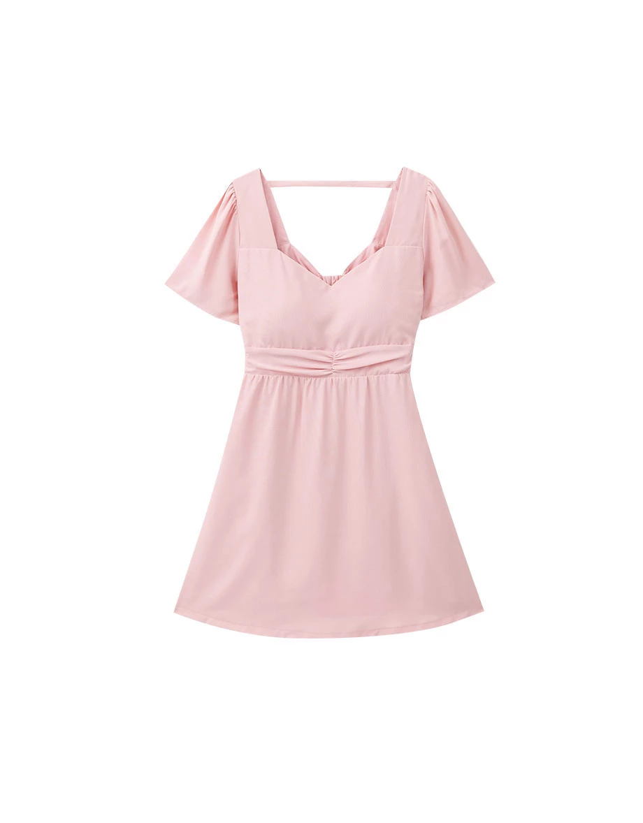 Ruched Front Puff Sleeve Mini Dress with Back Cut out Detail