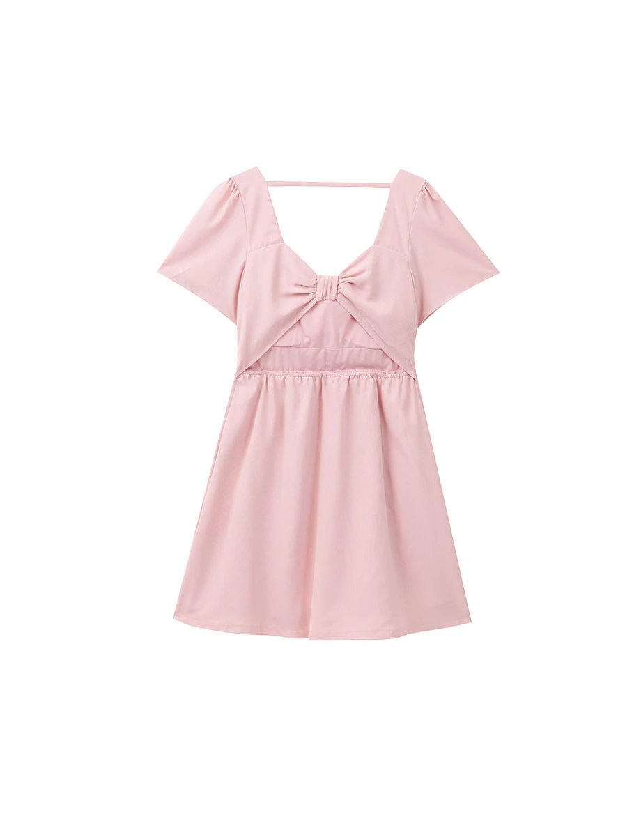 Ruched Front Puff Sleeve Mini Dress with Back Cut out Detail