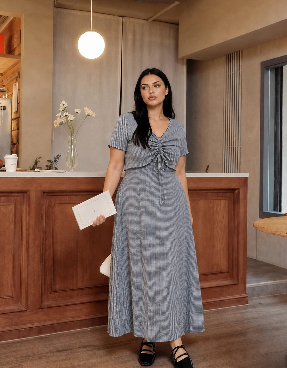 DRESS + TOP SET Checkered Ruched Front Blouse and Spaghetti Strap Midi Dress Set Wear