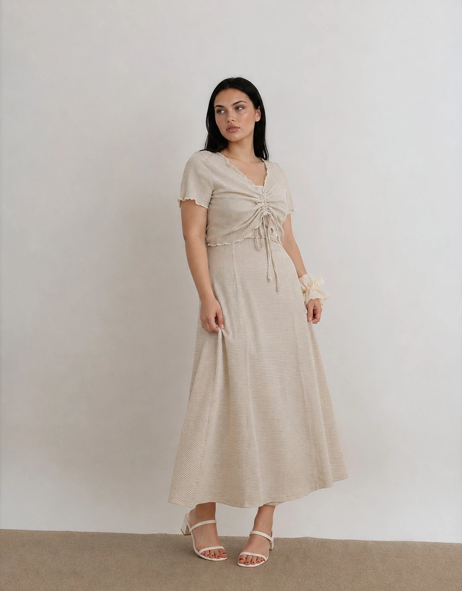 DRESS + TOP SET Checkered Ruched Front Blouse and Spaghetti Strap Midi Dress Set Wear