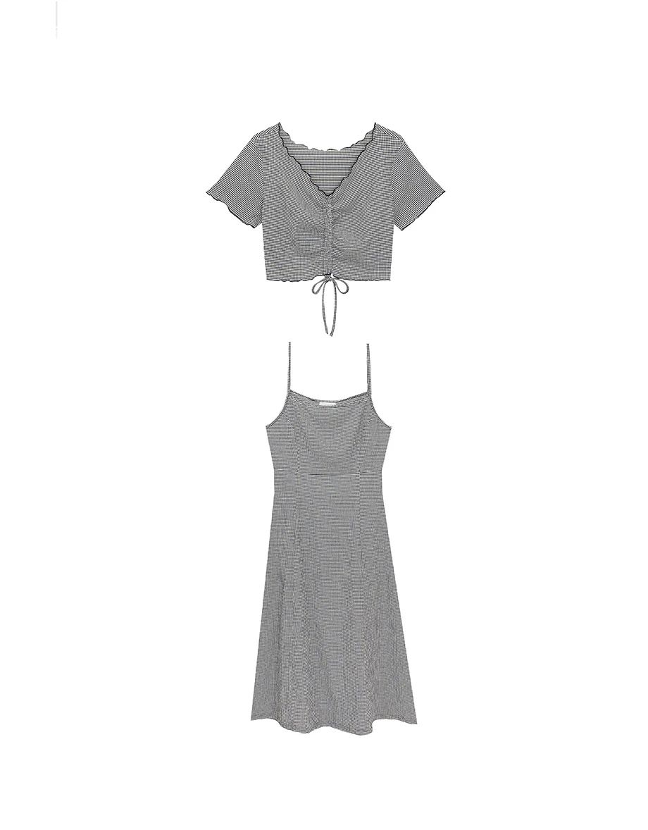 DRESS + TOP SET Checkered Ruched Front Blouse and Spaghetti Strap Midi Dress Set Wear DRESS + TOP SET Checkered Ruched Front Blouse and Spaghetti Strap Midi Dress Set Wear