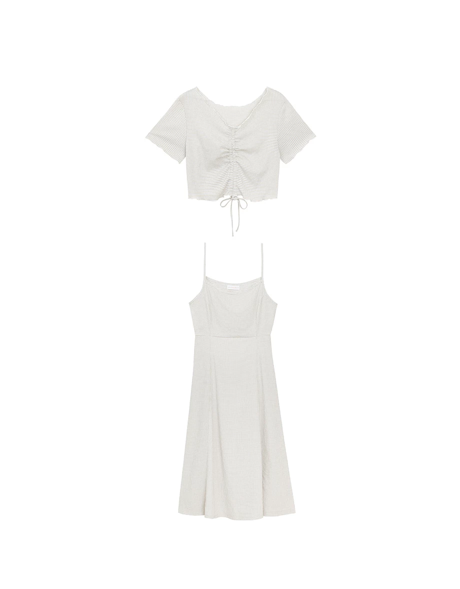 DRESS + TOP SET Checkered Ruched Front Blouse and Spaghetti Strap Midi Dress Set Wear DRESS + TOP SET Checkered Ruched Front Blouse and Spaghetti Strap Midi Dress Set Wear