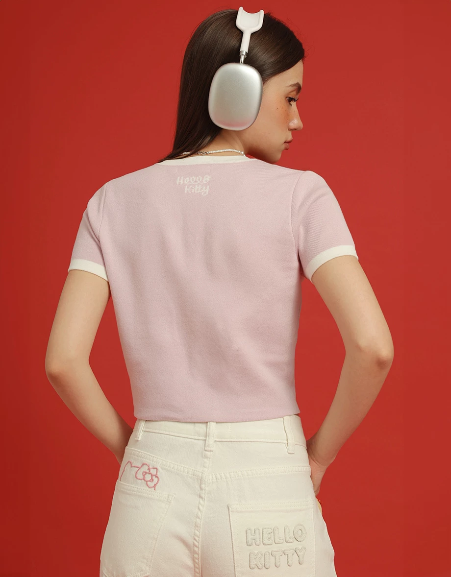 【Hello Kitty聯名】輪廓線圖案撞色針織上衣