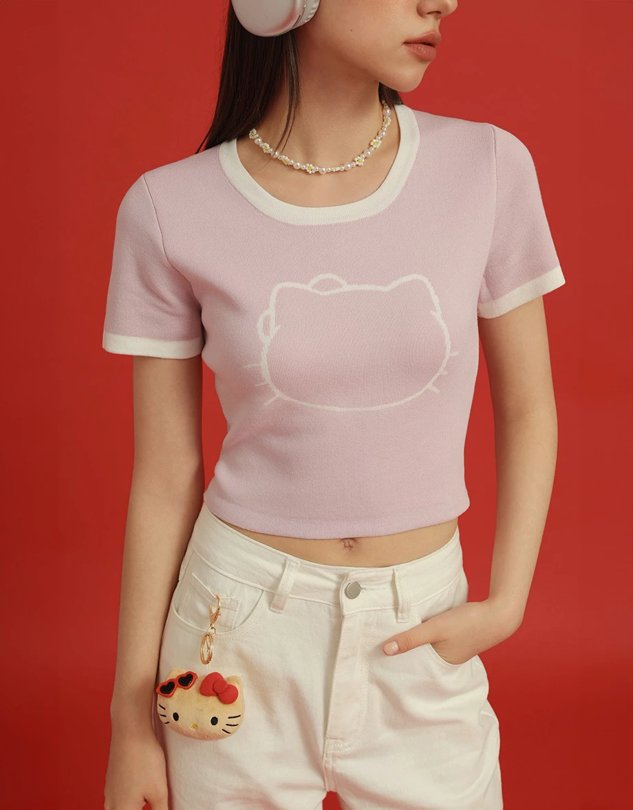 【Hello Kitty聯名】輪廓線圖案撞色針織上衣