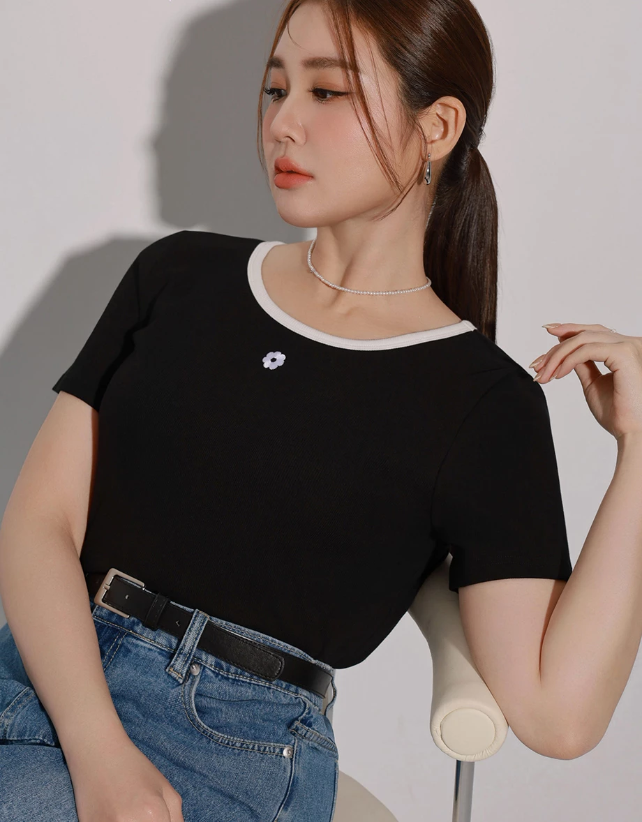Floral Embroidery Contrast Trim Fitted Ribbed Top