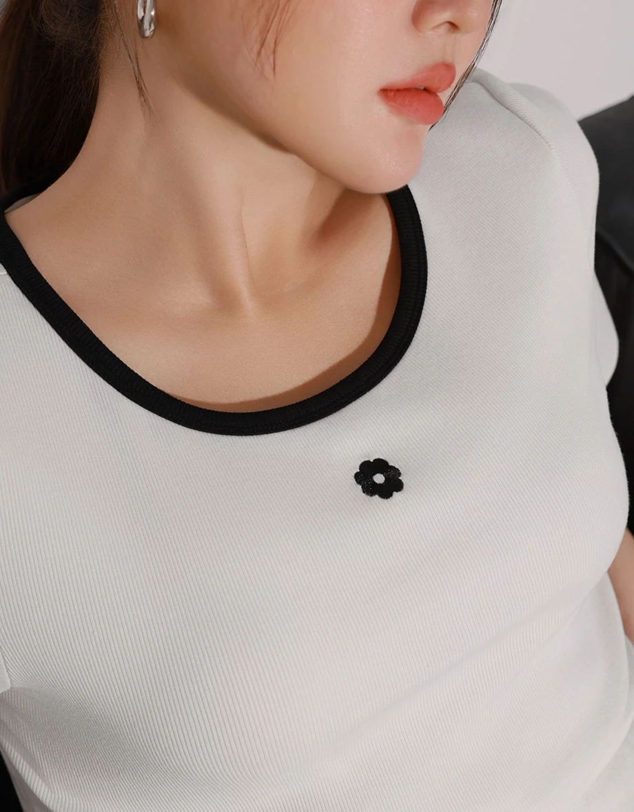 Floral Embroidery Contrast Trim Fitted Ribbed Top